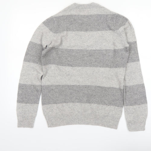 Marks and Spencer Men's Grey Striped Lambswool Crew Neck Jumper XS