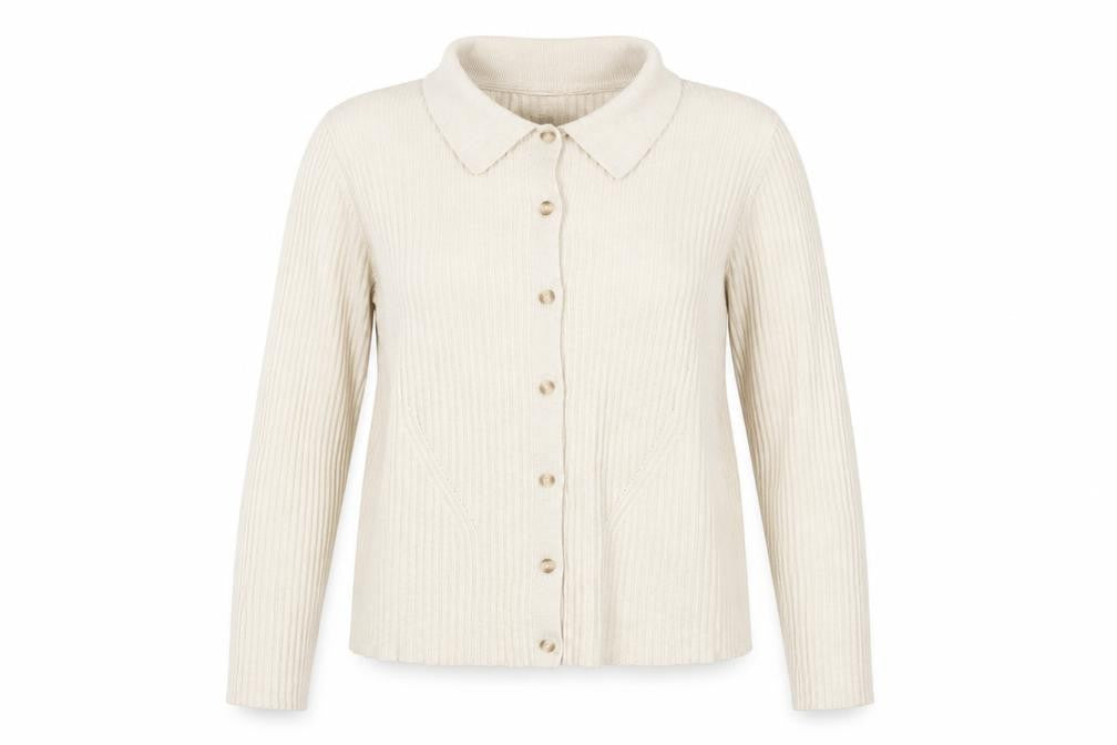 Front view of Hush women’s beige collared button knit cardigan xl