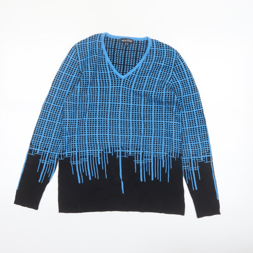 Marble Womens Blue Geometric V-Neck Long Sleeve Cotton Jumper XS