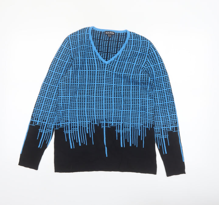 Marble Womens Blue Geometric V-Neck Long Sleeve Cotton Jumper XS
