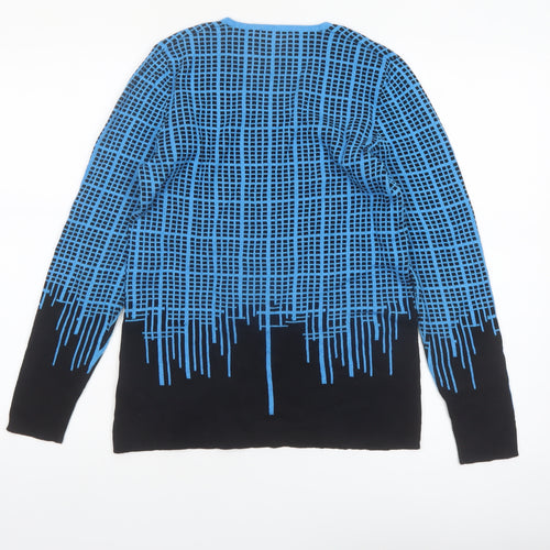Marble Womens Blue Geometric V-Neck Long Sleeve Cotton Jumper XS