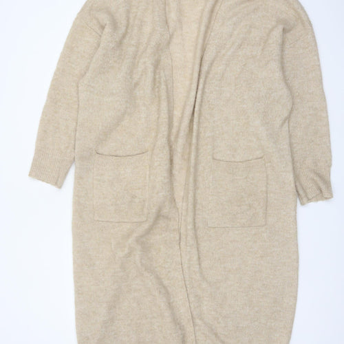 Y.A.S Women Beige Long Knit Cardigan L Open Front Pockets Relaxed Fit
