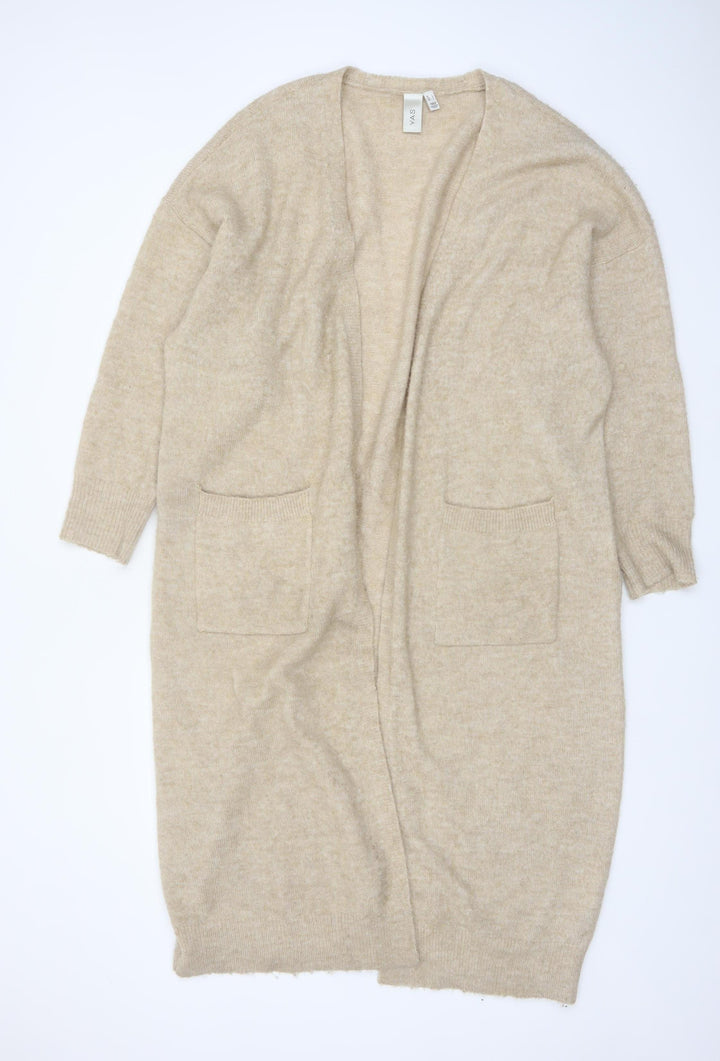 Y.A.S Women Beige Long Knit Cardigan L Open Front Pockets Relaxed Fit