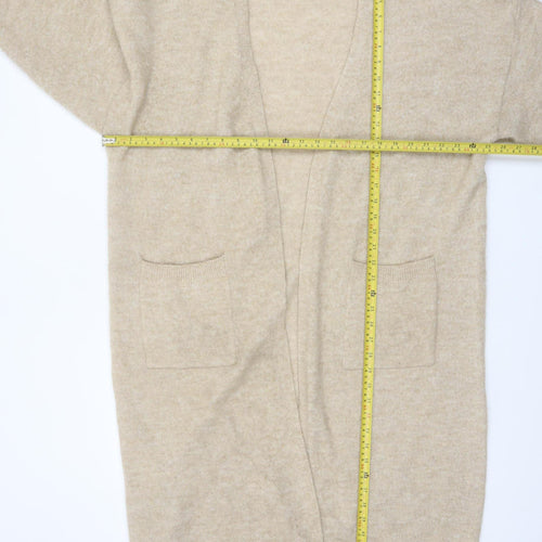 Y.A.S Women Beige Long Knit Cardigan L Open Front Pockets Relaxed Fit