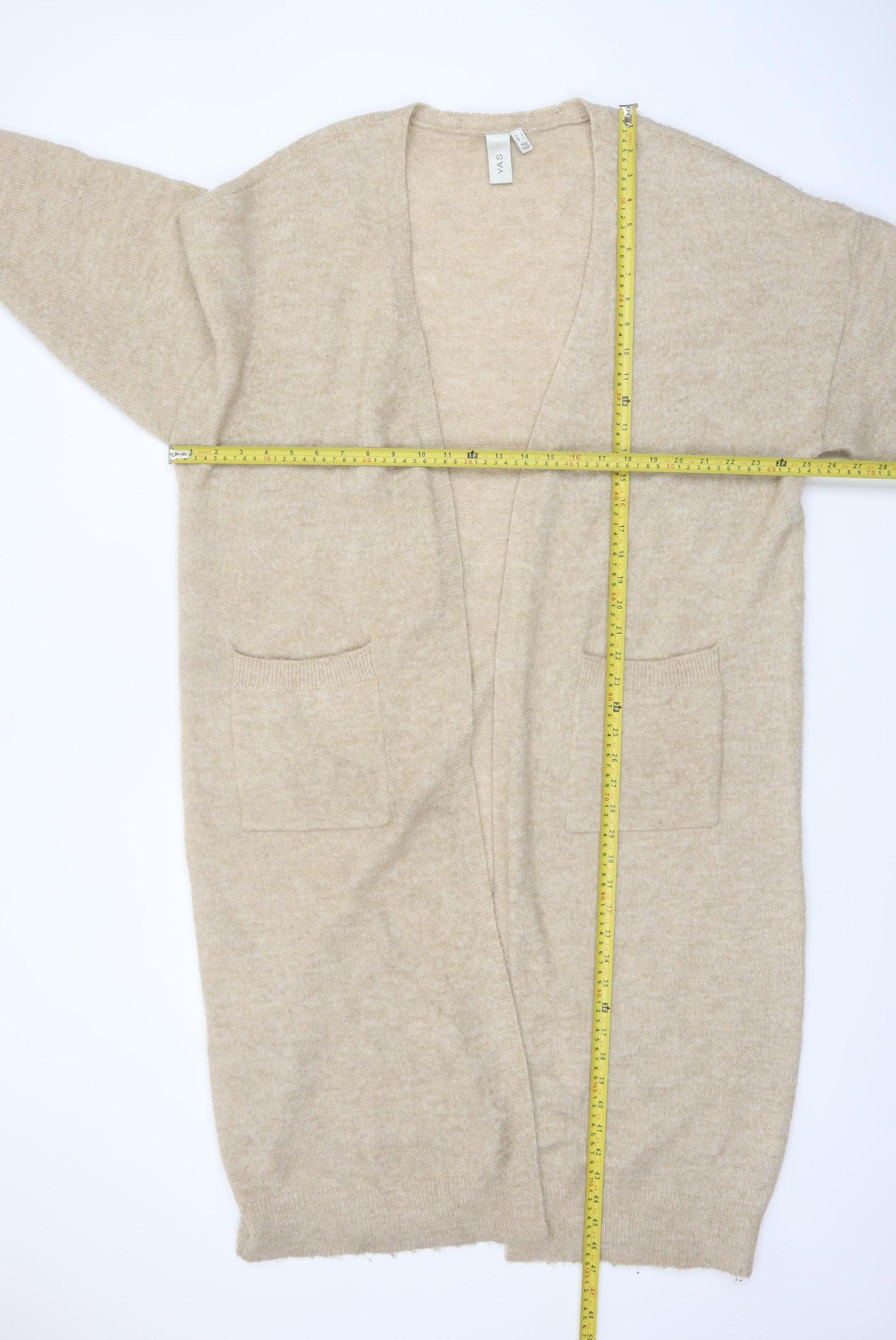 Y.A.S Women Beige Long Knit Cardigan L Open Front Pockets Relaxed Fit