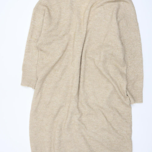 Y.A.S Women Beige Long Knit Cardigan L Open Front Pockets Relaxed Fit