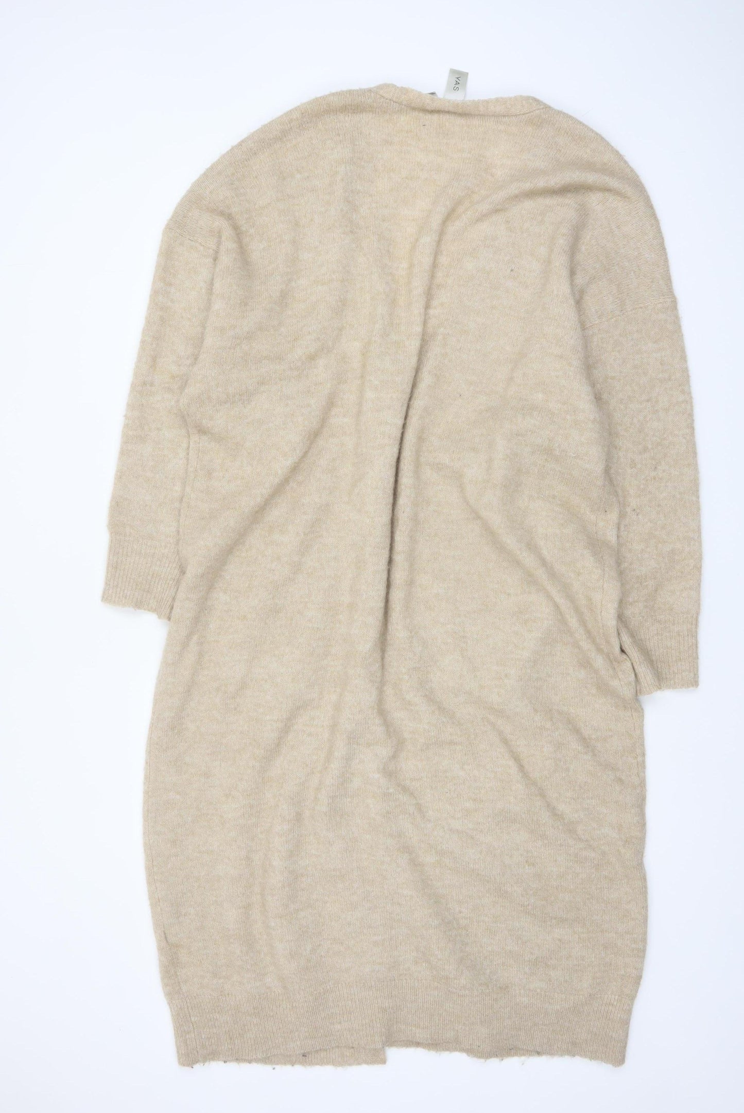 Y.A.S Women Beige Long Knit Cardigan L Open Front Pockets Relaxed Fit