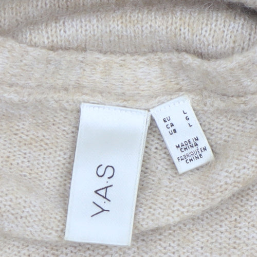 Y.A.S Women Beige Long Knit Cardigan L Open Front Pockets Relaxed Fit