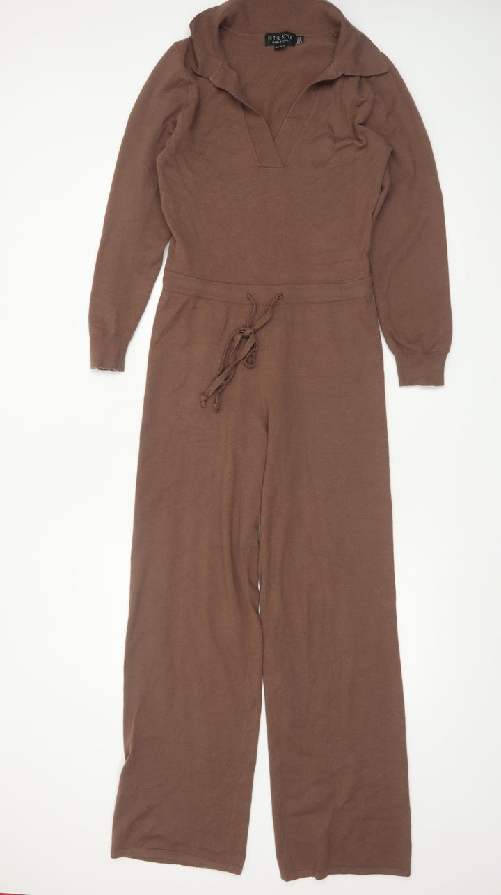 In The Style Women’s Brown Knit Petite Jumpsuit Size 10 Long Sleeve