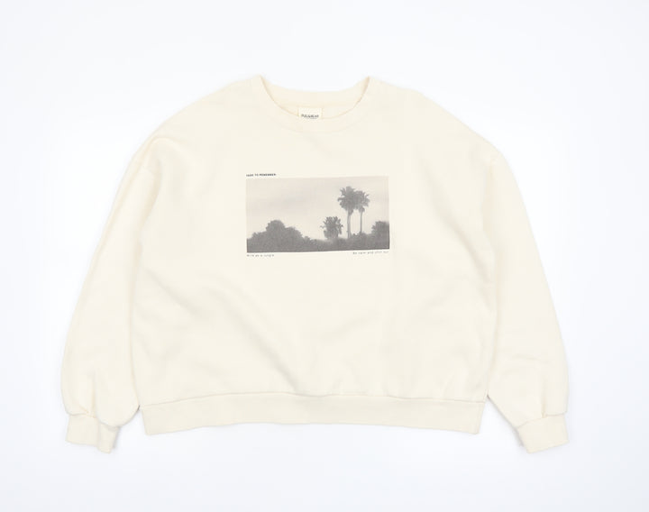 Pull&Bear Women Beige Graphic Print Pullover Sweatshirt Size S