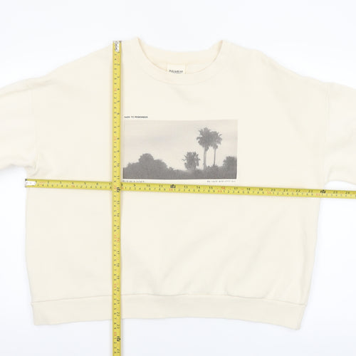 Pull&Bear Women Beige Graphic Print Pullover Sweatshirt Size S
