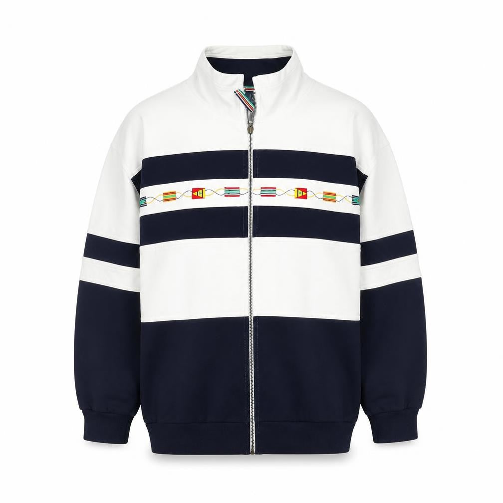 Front view of Dash Women's Navy & White Full Zip Cotton Blend Bomber Jacket, size 12