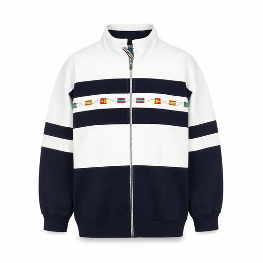 Front view of Dash Women's Navy & White Full Zip Cotton Blend Bomber Jacket, size 12