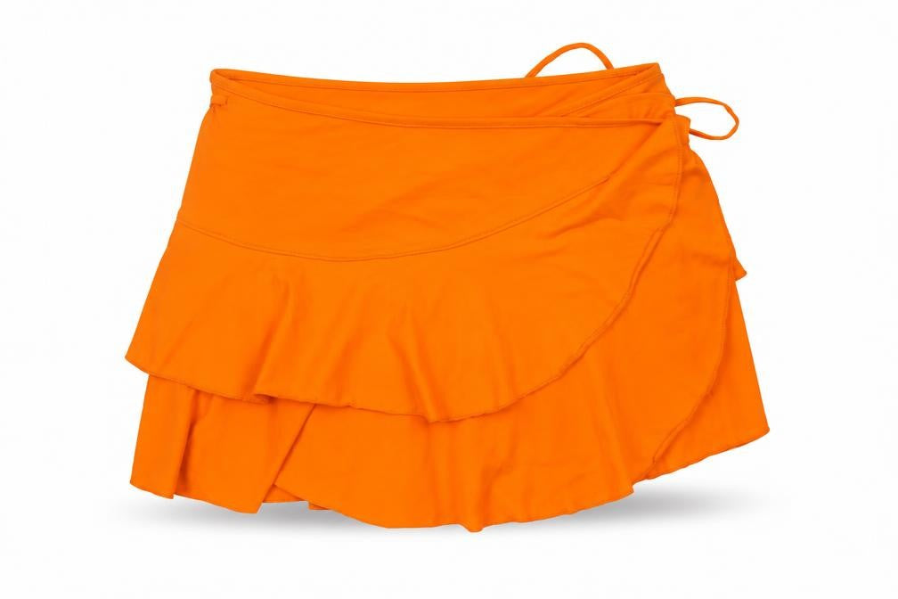 Front view of Monki Women’s Orange Cotton Wrap Mini Skirt, size L