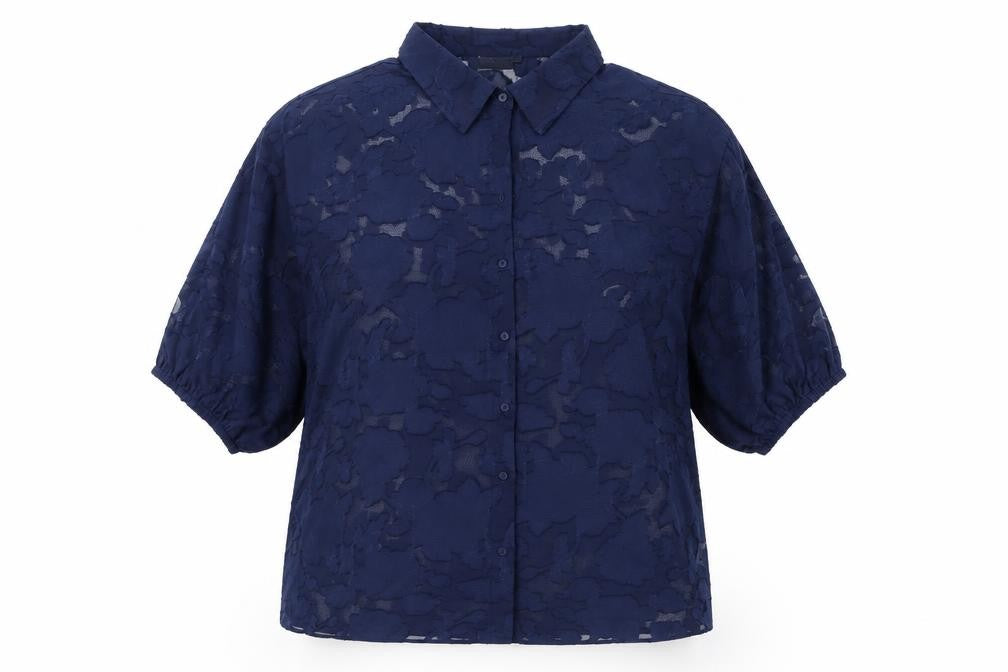 Front view of Only Carmakoma Women's Blue Sheer Floral Button-Up Blouse, size S