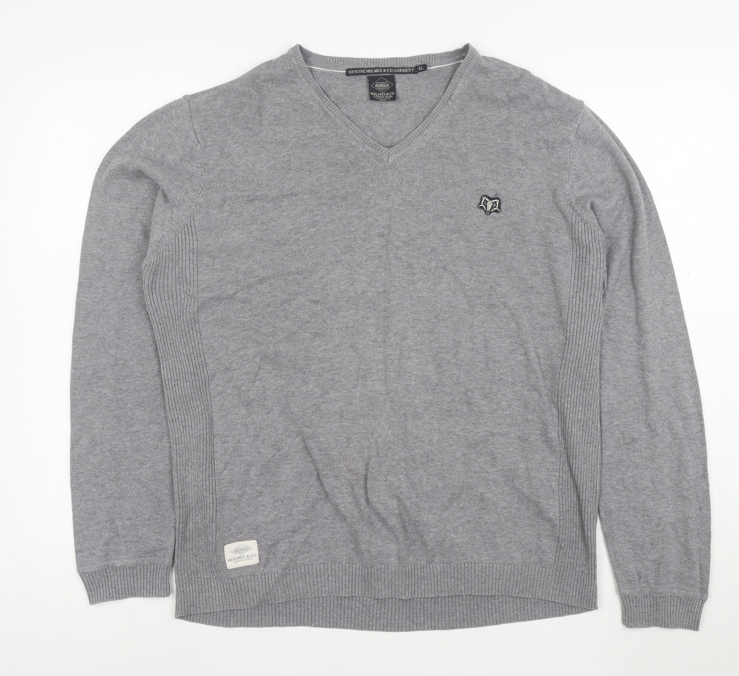 Holmes & Co Men's Grey XL V-Neck Cotton Pullover Jumper