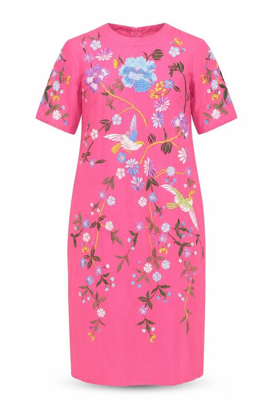 Front view of ASOS Women Pink Embroidered Floral Midi Sheath Dress, size 6