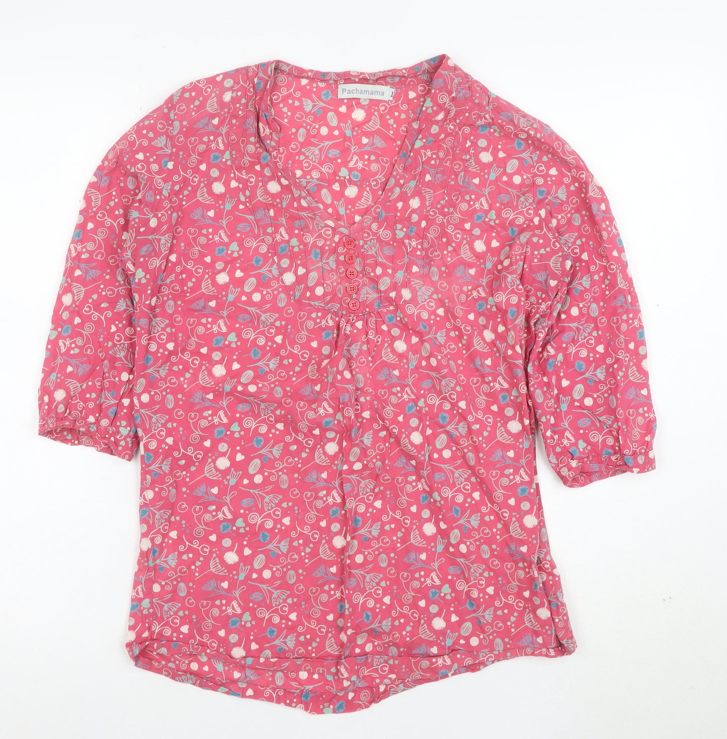 Pachamama Women’s Pink Floral Cotton 3/4 Sleeve V-Neck Tunic Blouse Size L