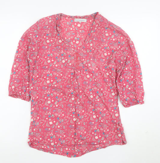 Pachamama Women’s Pink Floral Cotton 3/4 Sleeve V-Neck Tunic Blouse Size L