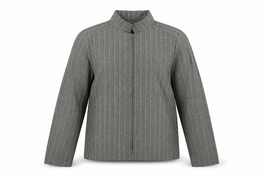 Front view of Episode Women's Grey Striped Linen Blend Zip Jacket, size 10