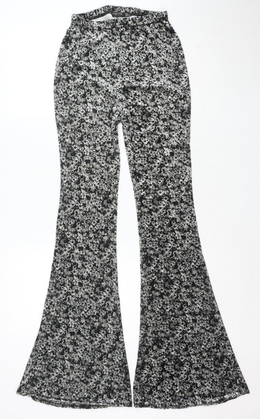 Nasty Gal Women's Black Floral Flared Jersey Trousers Size 6