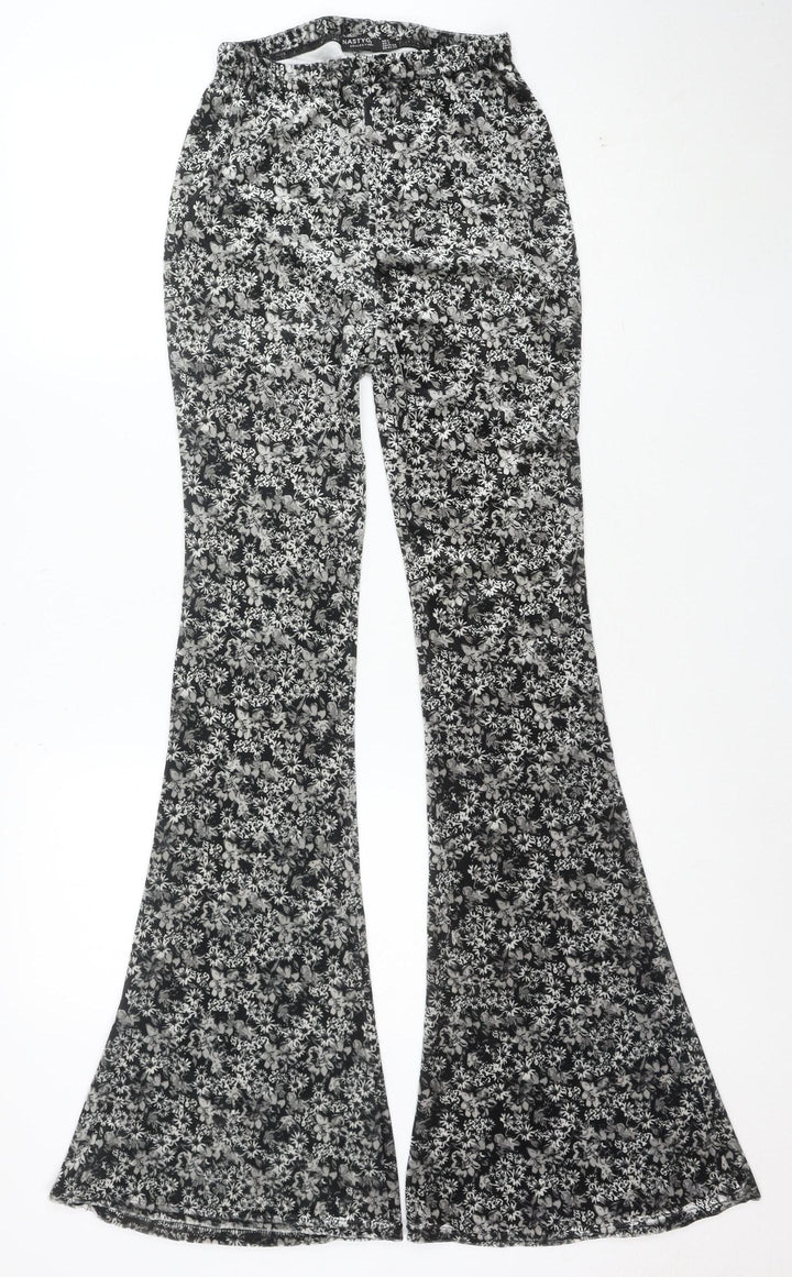Nasty Gal Women's Black Floral Flared Jersey Trousers Size 6