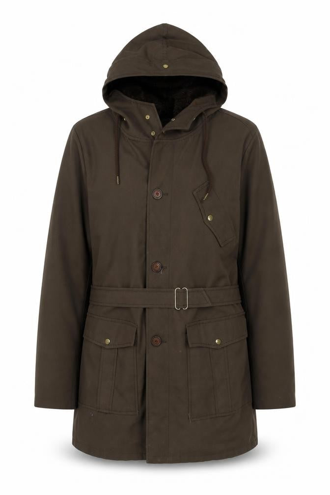 Ploucquet Womens Brown Hooded Belted Parka Jacket Size 14 Cotton Blend