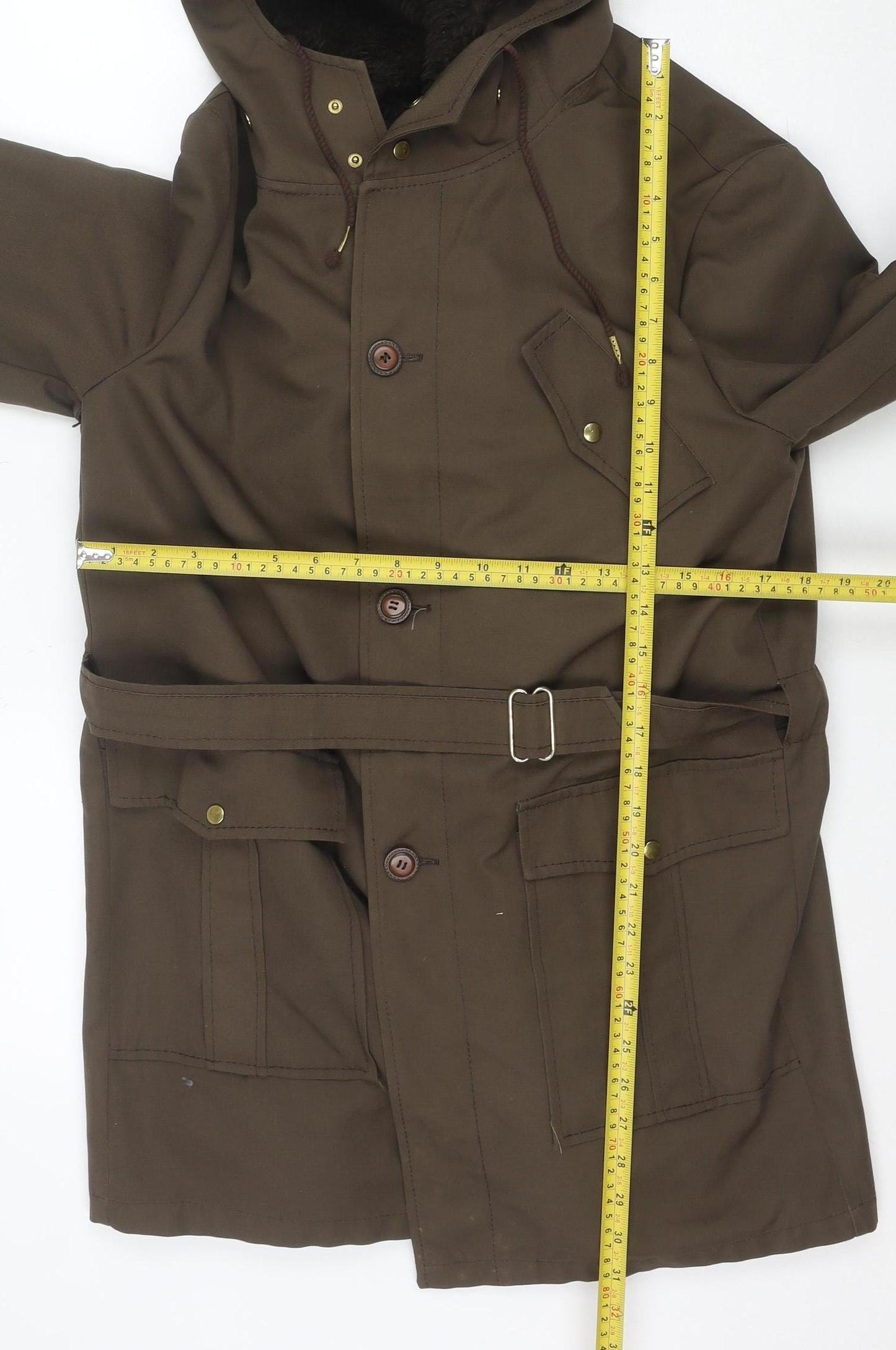 Ploucquet Womens Brown Hooded Belted Parka Jacket Size 14 Cotton Blend