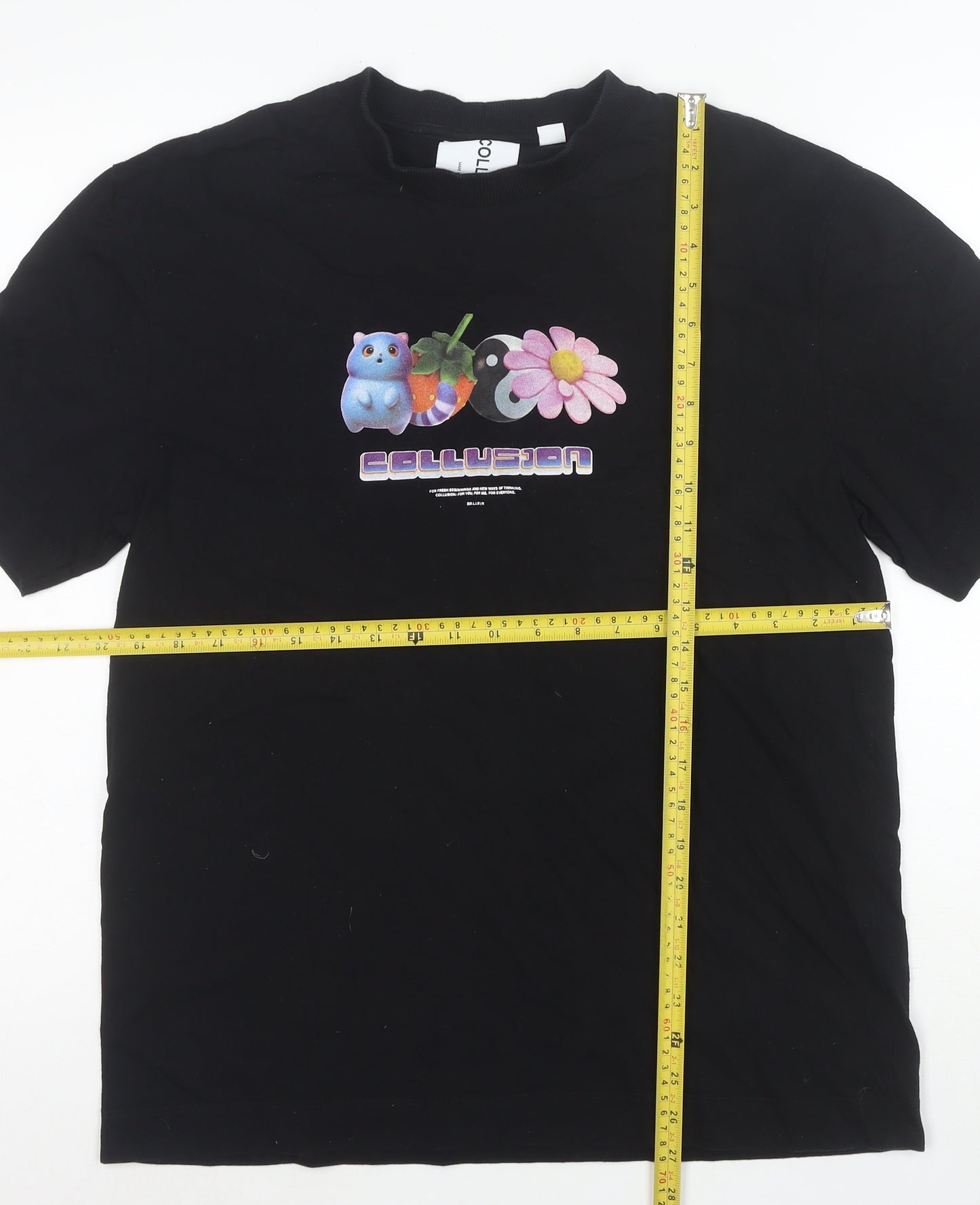 Collusion Women's Black Graphic Cotton T-Shirt Medium Short Sleeve