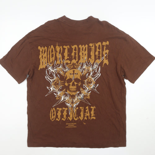 BoohooMAN Men's Brown Distressed Skull Graphic T-Shirt XS Cotton