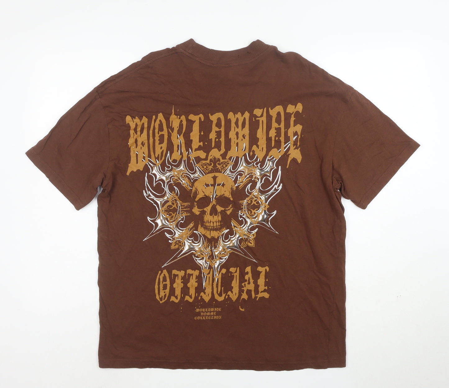 BoohooMAN Men's Brown Distressed Skull Graphic T-Shirt XS Cotton