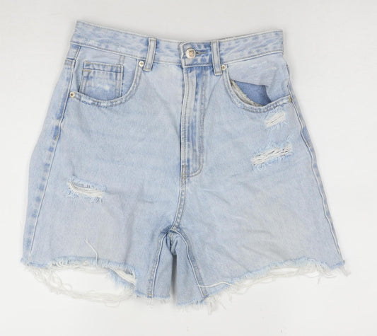 Stradivarius Women Blue Size 8 High Rise Cut-Off Denim Shorts