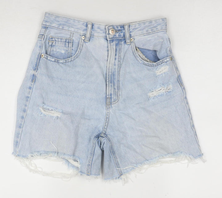 Stradivarius Women Blue Size 8 High Rise Cut-Off Denim Shorts