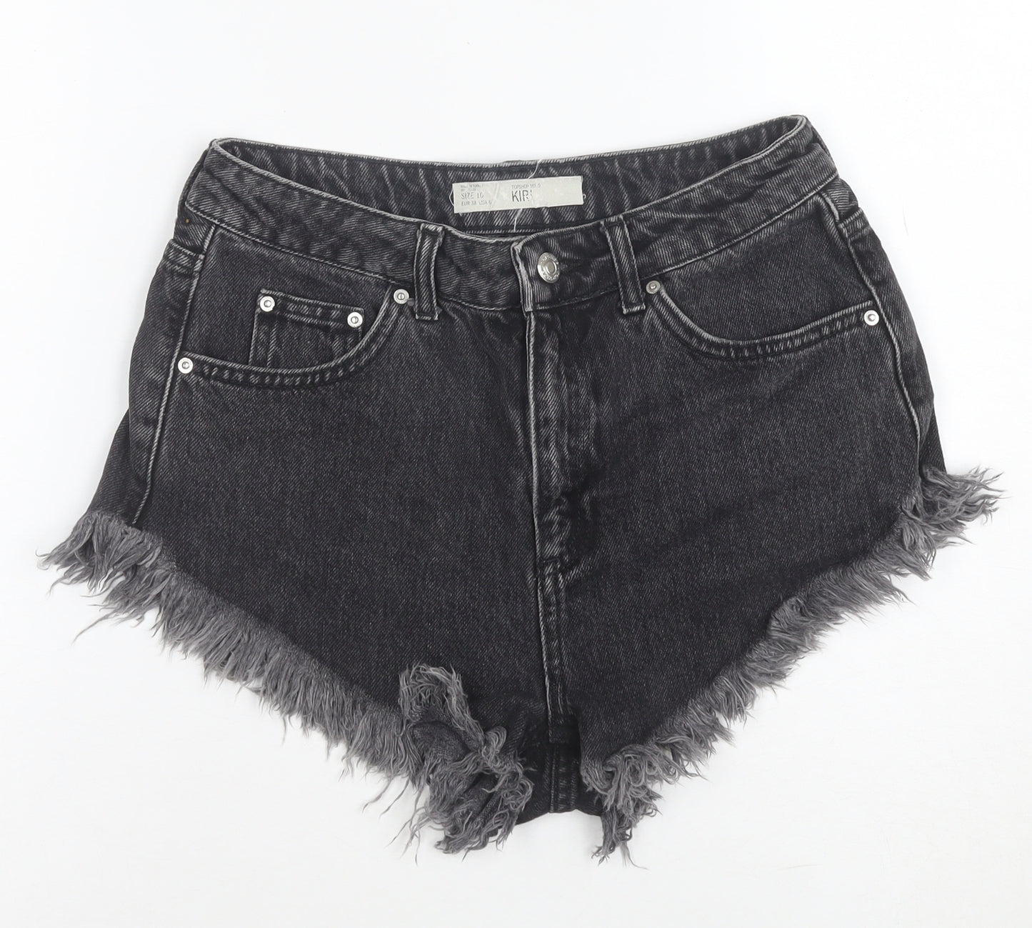 Topshop Women Black Size 10 High Rise Cut-Off Denim Shorts