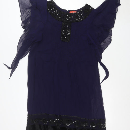 Banette Women’s Blue Beaded Chiffon Shift Dress Size S Elegant Partywear