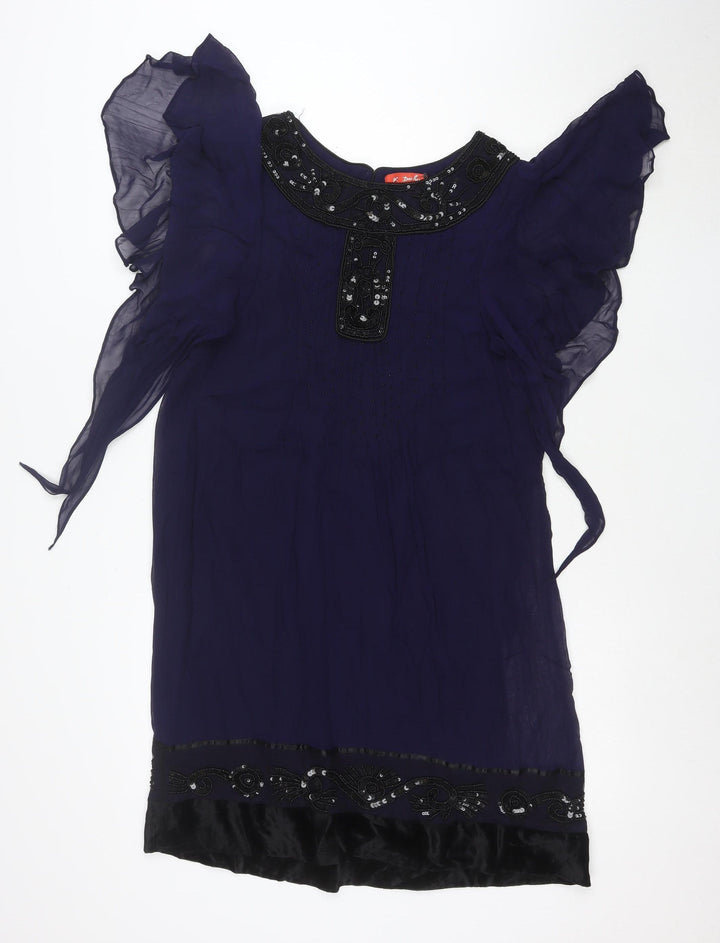 Banette Women’s Blue Beaded Chiffon Shift Dress Size S Elegant Partywear
