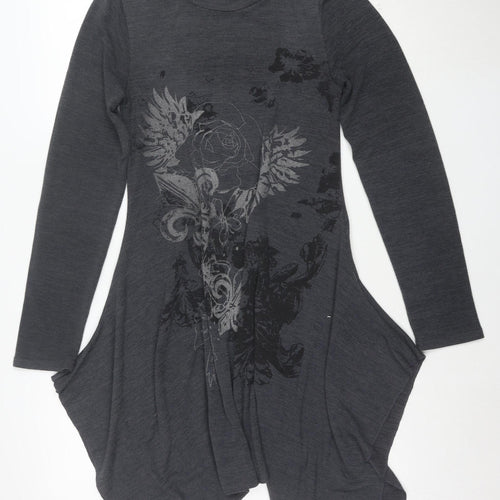 Izabel London Women's Grey Floral Swing Dress Size S Long Sleeve
