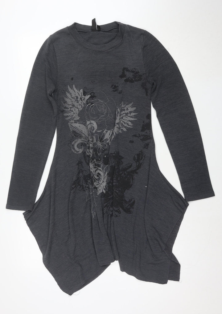 Izabel London Women's Grey Floral Swing Dress Size S Long Sleeve