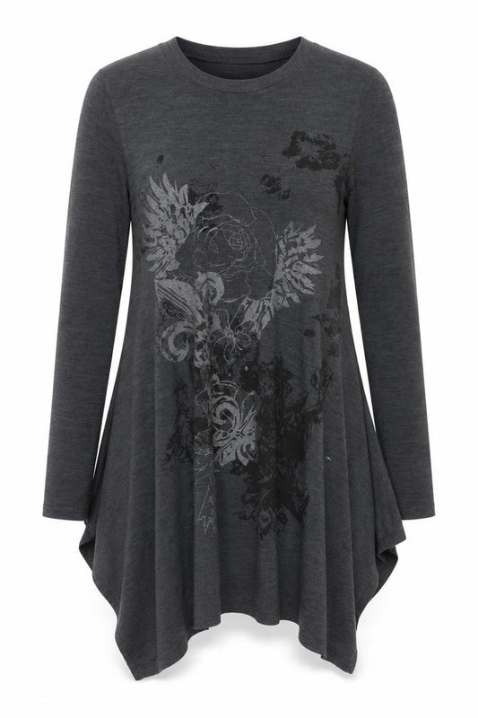 Front view of Izabel London Women's Grey Floral Swing Dress, size S, Long Sleeve