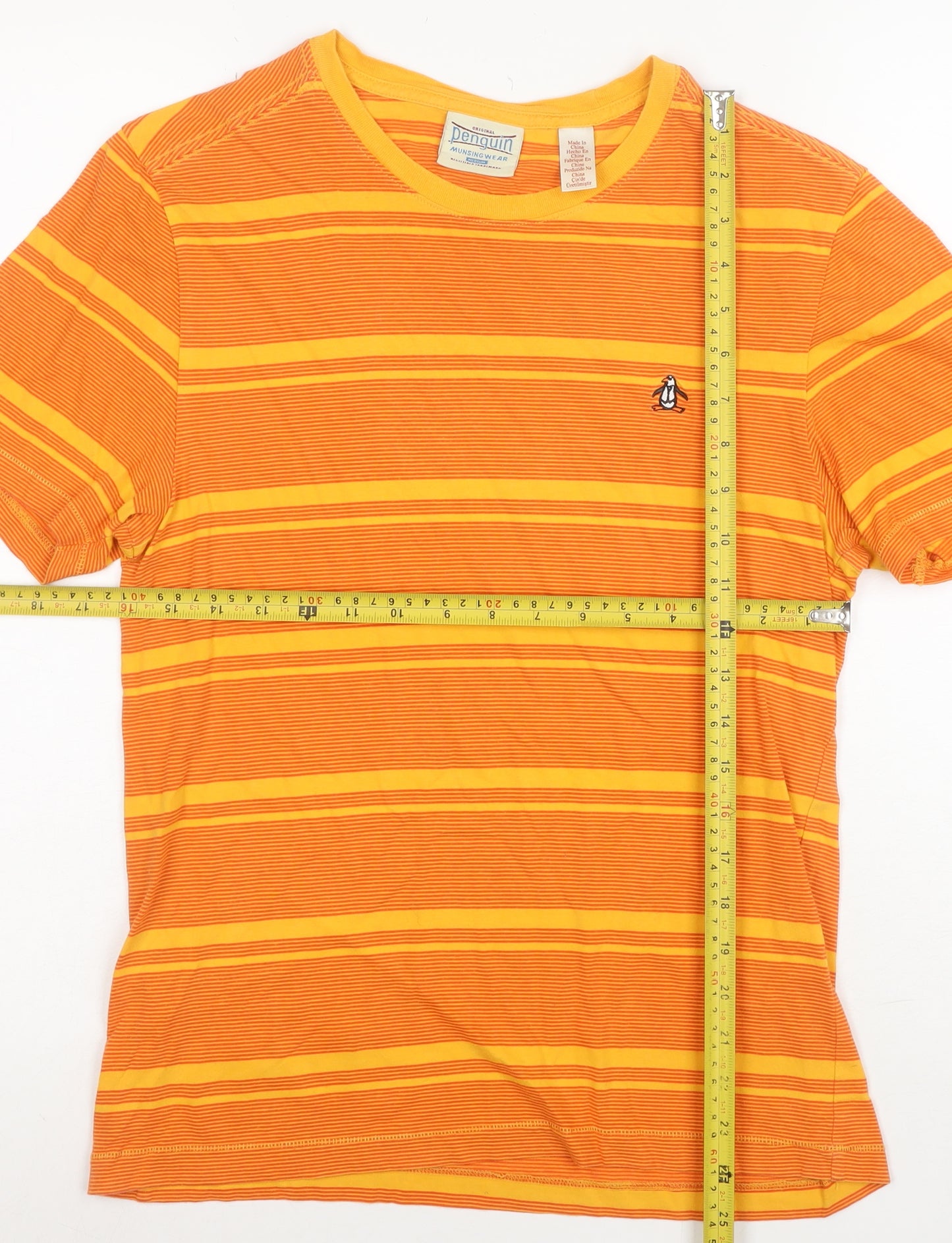 Original Penguin Men's Orange Striped Crew Neck Cotton T-Shirt Medium