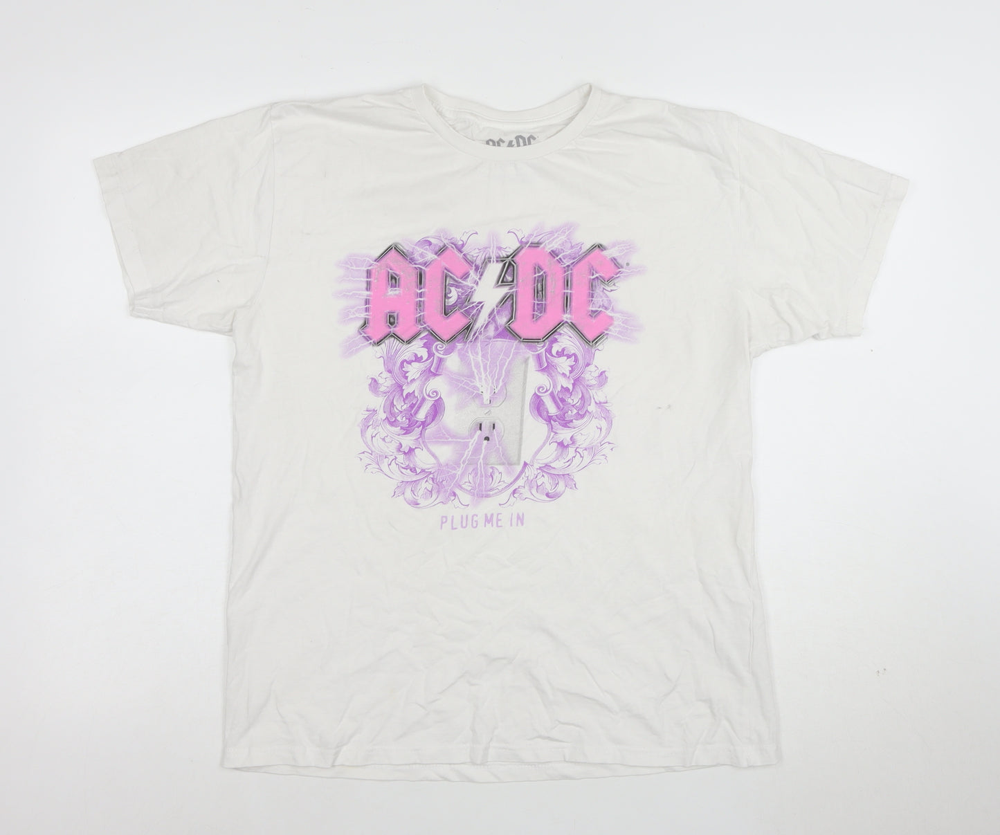 AC/DC Women's White Plug Me In Rock Band Cotton T-Shirt Size M
