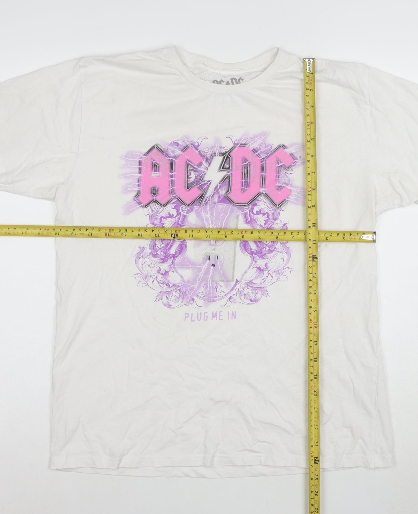 AC/DC Women's White Plug Me In Rock Band Cotton T-Shirt Size M