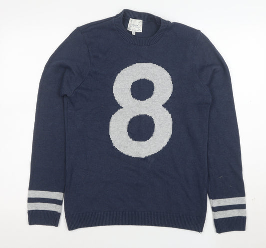 Topman Men Blue Size L Crew Neck Graphic 8 Pullover Jumper
