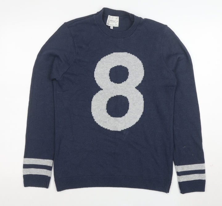 Topman Men Blue Size L Crew Neck Graphic 8 Pullover Jumper