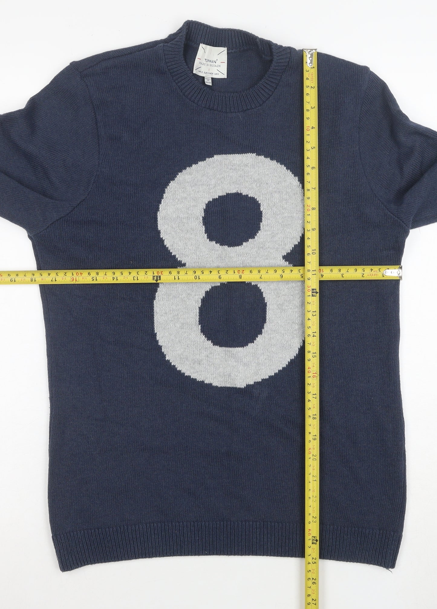 Topman Men Blue Size L Crew Neck Graphic 8 Pullover Jumper