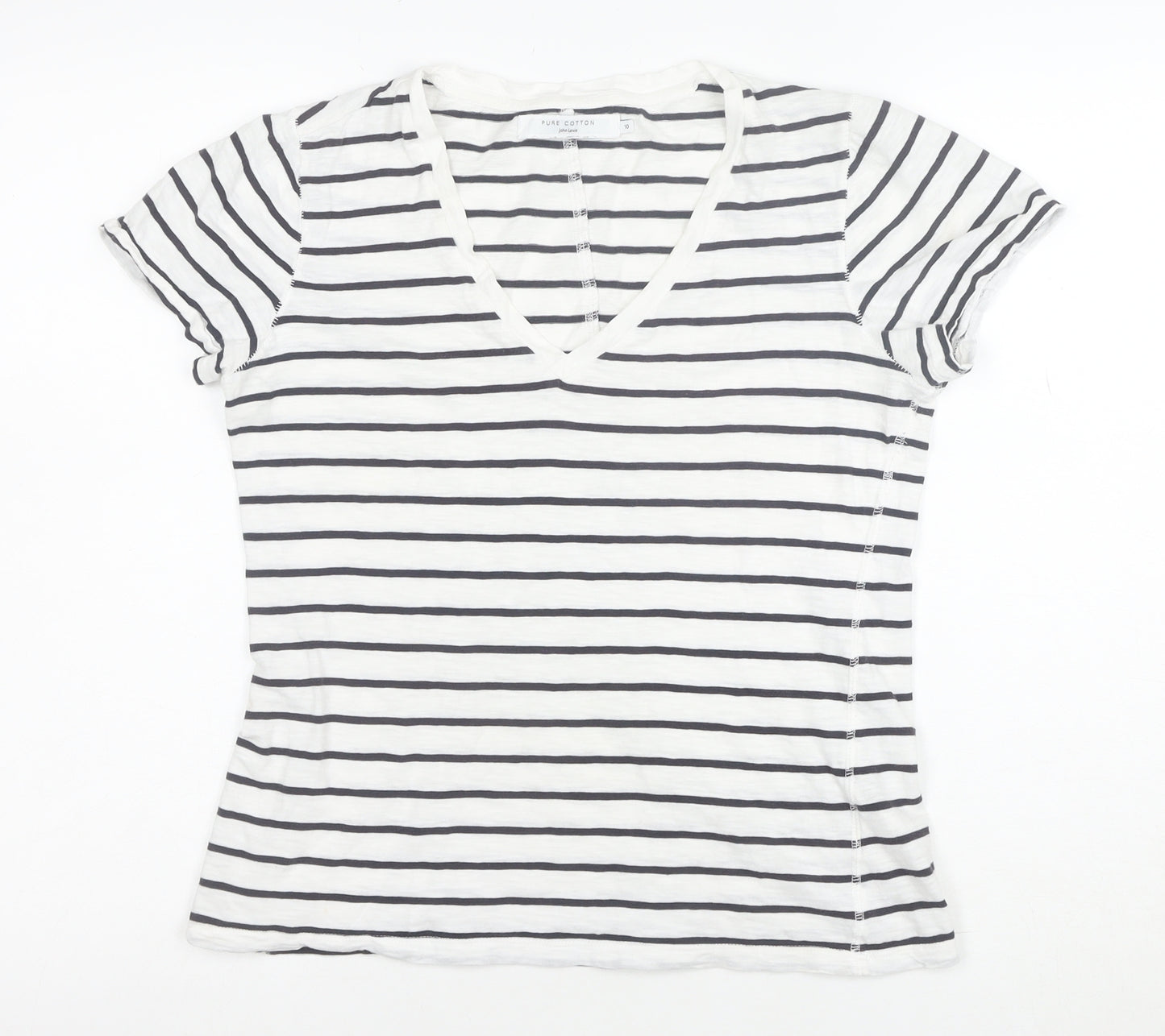 John Lewis Women’s White Striped Cotton V-Neck Short Sleeve T-Shirt Size 10