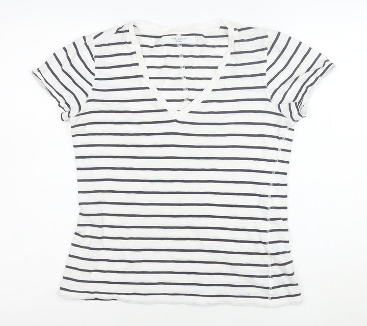 John Lewis Women’s White Striped Cotton V-Neck Short Sleeve T-Shirt Size 10