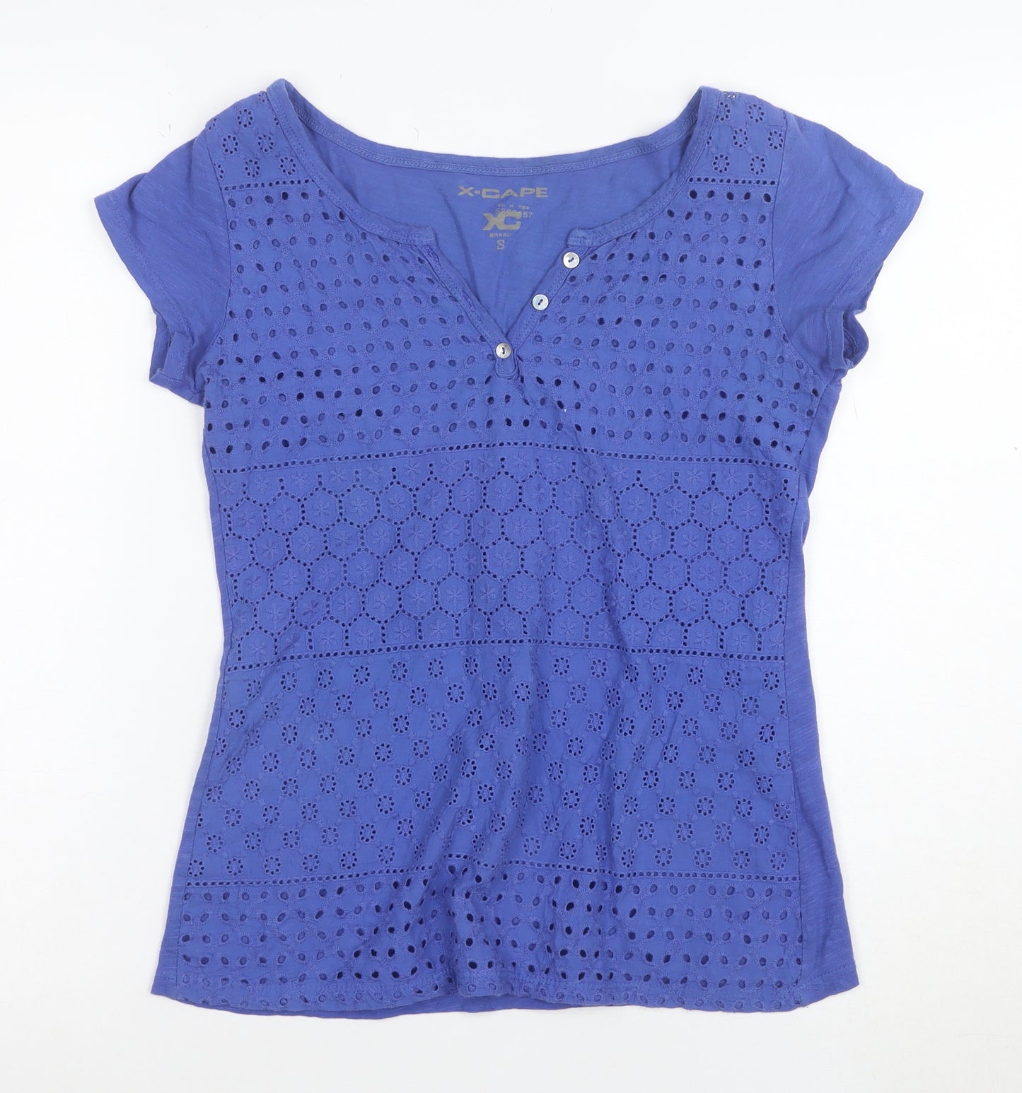 X-CAPE Women’s Blue Cotton Crochet Button T-Shirt Size S