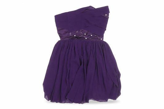 Front view of Lipsy Women’s Purple Strapless Beaded Short Party Dress, size UK 8