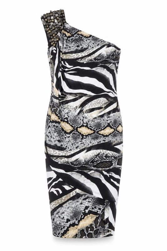 Front view of Ko-Tee Women’s Multicoloured Animal Print One Shoulder Bodycon Dress, size M